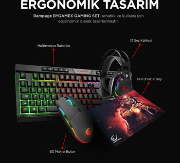 Klaviaturalar: Rampage oyun dəsti, klaviatura, qulaqlıq və siçandan ibarətdir