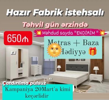Masa və oturacaq dəstləri: İkinəfərlik çarpayı, Dolab, Termo, 2 tumba, Yeni