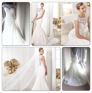 шифоновое платья: Свадебное платье, Pronovias, M (EU 38), Дизайнерское, Закрытое, С фатой, Русалка, Испания, Кружево, Б/у