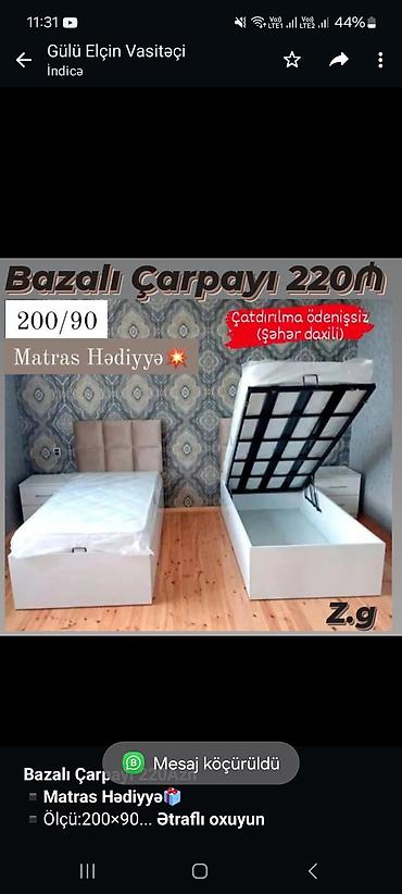 *Bazalı Çarpayı 220Azn* *▪️Matras Hədiyyə🎁* ▪️Ölçü:200×90 ▪️Rəng lalafo.az -da *Bazalı Çarpayı 220Azn* *▪️Matras Hədiyyə🎁* ▪️Ölçü:200×90 ▪️Rəng