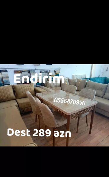 Masa və oturacaq dəstləri: Qonaq otağı üçün, Yeni, Açılmayan, Dördbucaq masa, 6 stul — 6