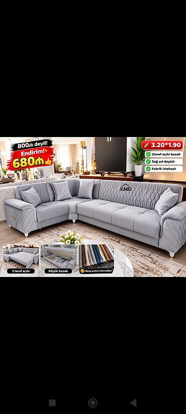 Divanlar: L şəklində yumşaq künc divan – fabrik istehsalı - Ölçü: 3.20 × 1.90 m — 1