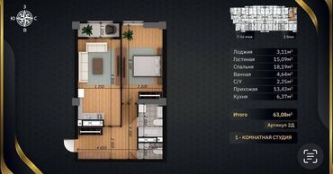 Продажа квартир: 2 комнаты, 62 м², Элитка, 13 этаж, ПСО (под самоотделку)