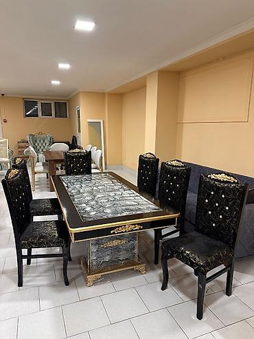 taxta stollar: Yemək otağı üçün zəngin dizaynlı masa və 6 ədəd stul dəsti — 1