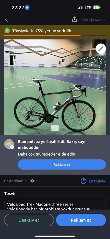 İdman velosipedləri: İşlənmiş Şose velosipedi Trek, 28", sürətlərin sayı: 11, Ünvandan götürmə — 9