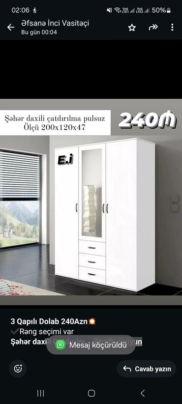 Masa və oturacaq dəstləri: *3 Qapılı Dolab 240Azn💥* ✔️Rəng seçimi var *Şəhər daxili Çatdırılma və