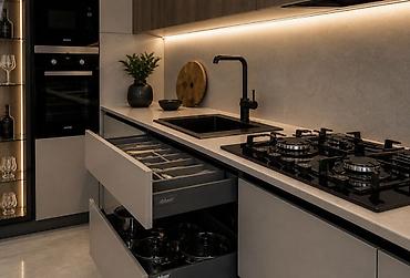 silver kitchen: Кухня угловая современная с подсветкой и встроенной техникой - — 3