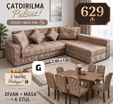 Dəst: Divan + Masa + 6 stul - Divan L-formalı, açılır mexanizmli və