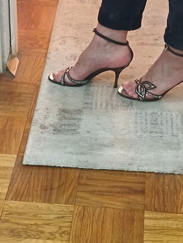 obuca 40: Sandale broj 36, braon, platno i cirkoni, štikla 8 cm, jednom nošene — 2