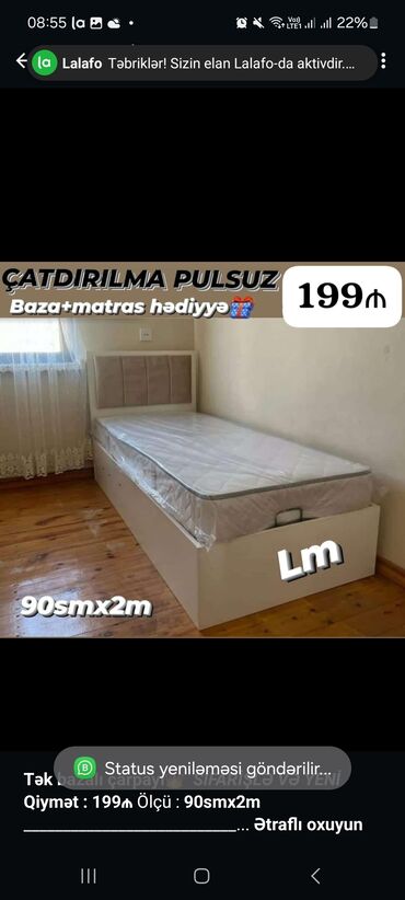 2 спальная кровать: Birnəfərlik, Bazalı, Pulsuz matras, Siyirməsiz, Azərbaycan