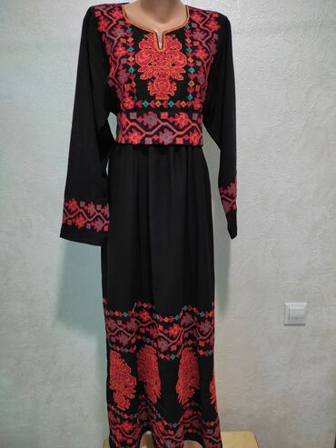 платье с вышивкой: Повседневное платье, Осень-весна, Длинная модель, Хлопок, 3XL (EU 46)