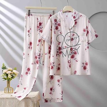 Пижамы: Женский комплект пижамы с коротким и длинным рукавом, брюки + рубашка — 8