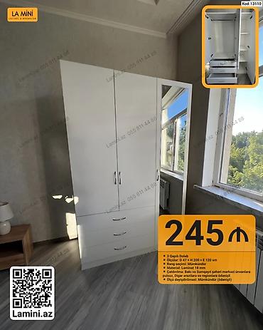 3 qapılı dolab – ağ rəng Xüsusiyyətlər: - Ölçülər: D 47 × H 200 × E