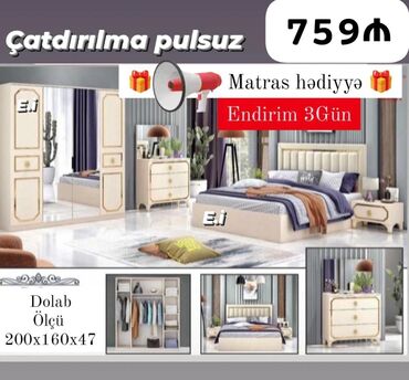 Yataq otağı dəstləri: 2 təknəfərlik çarpayı, Dolab, Termo, 2 tumba, Azərbaycan, Yeni