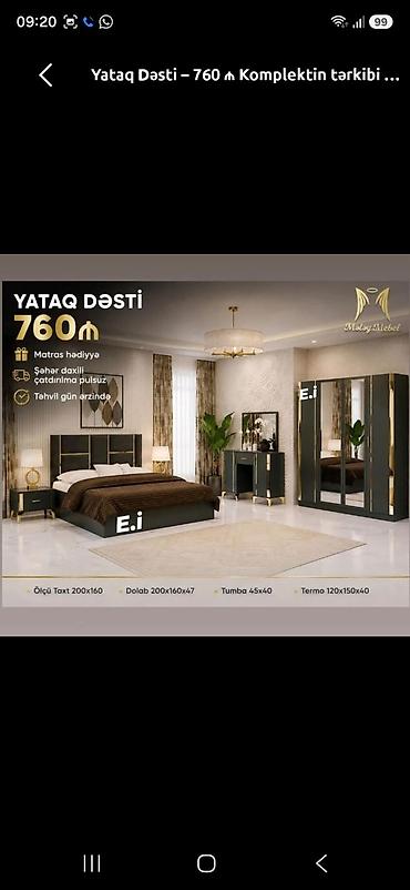 mebel stol stullar: Yataq dəsti – 760 ₼ Komplektin tərkibi və ölçülər: - Taxt: 200×160 - — 1