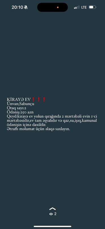 Otaqların uzunmüddətli kirayəsi: KİRAYƏ EV❗️❗️❗️ Ünvan;Sabunçu Otaq sayı:2 Ödəniş:250 Qeyd:kirayə ev