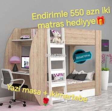 İkimərtəbəli uşaq çarpayıları: Oğlan və qız üçün, Yeni, Çarpayı, Matras ilə, Siyirməli, Laminat — 16