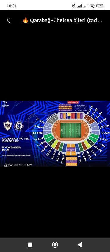 Maskalar, eynəklər: Qarabağ-Çelsi oyununa 2 ədəd bilet satıram.25 ci sektor