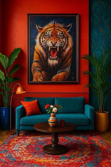 Картины: Картина «Тигр» ручной работы выполнена из шерсти, валяние, интерьерная — 6
