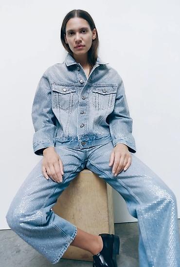 denim: Джинсовая куртка ZARA с кристаллами (Rhinestone Crystal Light Blue) - — 4