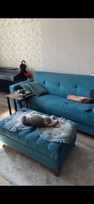 ofis divanı: Mavi məxməri yumşaq dəst – divan, kreslo və puf/otto­man - Rəng — 1