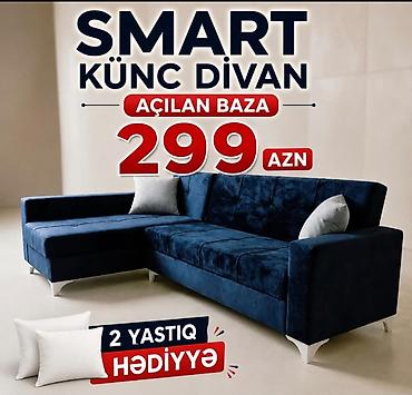 ağ divan: SMART künc divan – açılan baza funksiyalı model. Tünd mavi rəngli — 1