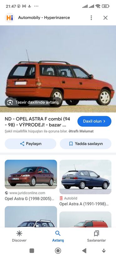 Avtomobil modelləri: Opel astra F bu modelden 1.8 sade mator butun hisseleri satilir salon