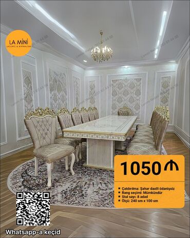 кухонные стулья: Qonaq otağı üçün, Yeni, Açılmayan, Dördbucaq masa, 8 stul