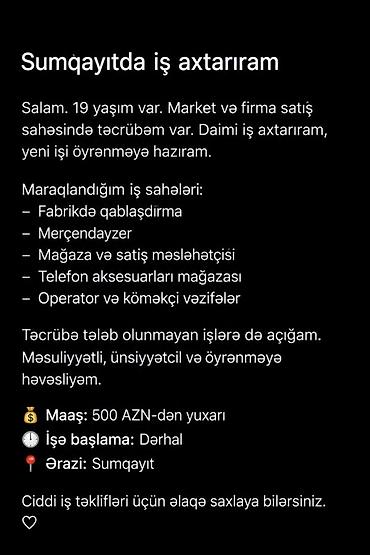 derzi elanlari 2024: Sumqayıtda iş axtarıram 19 yaşım var. Market və firma satışında — 1