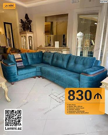 Ev və bağ: Künc divan – mavi rəngdə, yumşaq parça üzlüklə. - Ölçülər: 300 × 200 — 1