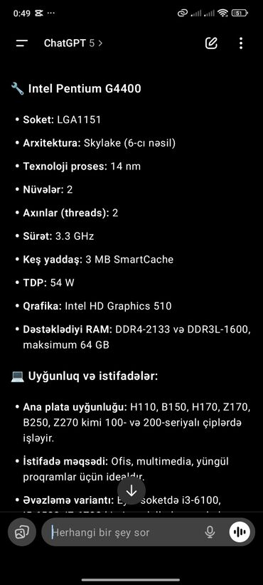 Videokartlar: Prosessor Intel Pentium G4400, 3-4 GHz, 2 nüvə