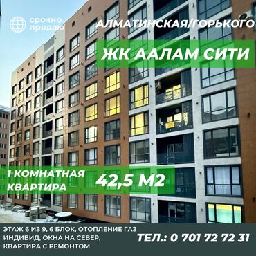 продаю однокомнатную квартиру в бишкеке: 1 комната, 42 м², 108 серия, 6 этаж, Евроремонт