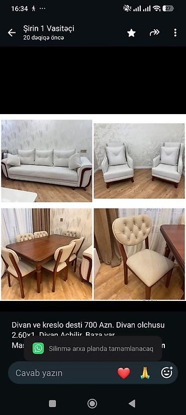Divan ve kreslo desti 700 Azn. Divan olchusu 2.60×1. Divan Achilir