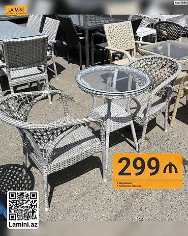 pufik masa: Bağ mebeli dəsti – 2 ədəd rotang üslubunda kreslo + şüşə üstlü dairəvi — 1