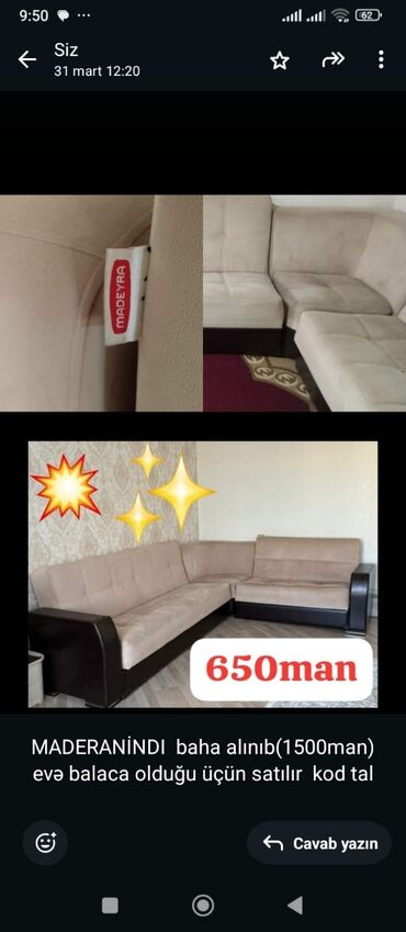 serka: Künc divan, İşlənmiş, Açılan, Bazalı, Vеlur parça, Çatdırılma yoxdur