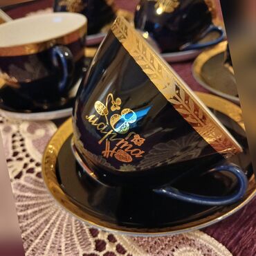 çaydan dəsti: Çay dəsti, rəng - Göy, Farfor, 6 nəfərlik, SSRİ