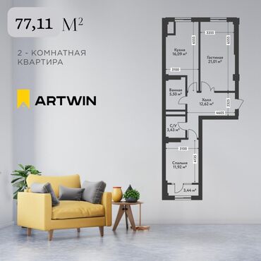 Продажа квартир: 2 комнаты, 77 м², Элитка, 2 этаж, ПСО (под самоотделку)