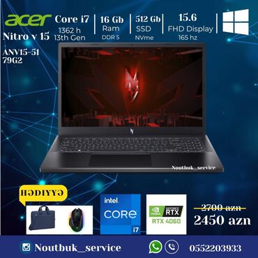 HP: Yeni Acer Nitro, 15.6 ", Intel Core i7, 512 GB, Ödənişli çatdırılma, Pulsuz çatdırılma, Rayonlara çatdırılma