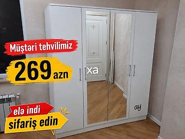 qorka mebel: Ağ rəngli 4 qapılı paltar şkafı. Orta hissədə tam ölçülü güzgü — 1