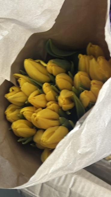 Букеты из живых цветов: Тюльпаны, срезка в крафт-упаковке. - Ассортимент оттенков — 8