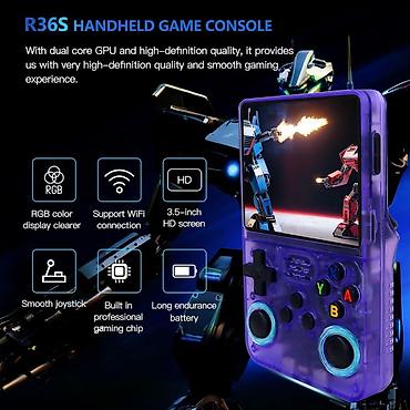 Видеоигры и приставки: R36S portativ retro oyun konsolu – bənövşəyi şəffaf korpus Gta kimi — 7