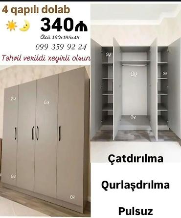 4 qapılı dolab - Ölçü: 160 × 195 × 45 sm - Rəng: açıq-boz, mat səth -