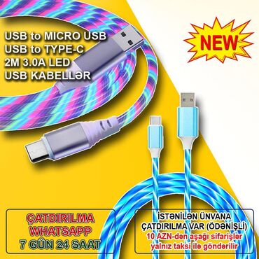 rgb led: USB Kabel "Type-C Micro USB LED 3A 2 Metr" ⭐Sürətli şarj ⭐Qalın, LED