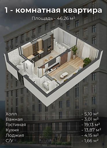 46: 1 комната, 46 м², Боконбаева/Уметалиева 5 этаж, ПСО (под самоотделку) — 3