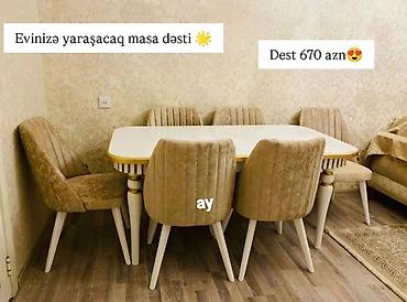 dik fanerka: Masa dəsti – 1 masa + 6 stul - Stil: klassik-modern, krem/bej — 1