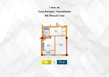 ак ордоквардира берилет: 1 бөлмө, 51 кв. м, Элитка, 7 кабат, ПСО (өзү оңдоп түзөтүп бүтүү үчүн)