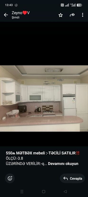 кухонная мебель: *550₼ MƏTBƏX mebeli :-TƏCİLİ SATILIR*‼️ ÖLÇÜ:-3.8 ÜZƏRİNDƏ