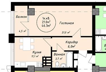 4: Построен, Элитка, 1 комната, 46 м² — 2