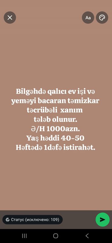 Продажи, работа с клиентами: Bilgəhdə daimi ev işləri və yemək bişirməyi bacaran təmizkar