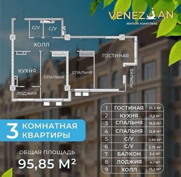 купить квартиру в бишкеке 6 микрорайон: 3 бөлмө, 95 кв. м, Элитка, 10 кабат, ПСО (өзү оңдоп түзөтүп бүтүү үчүн)
